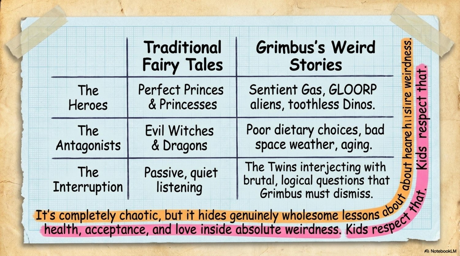 Traditional fairy tales versus Grimbus's weird stories